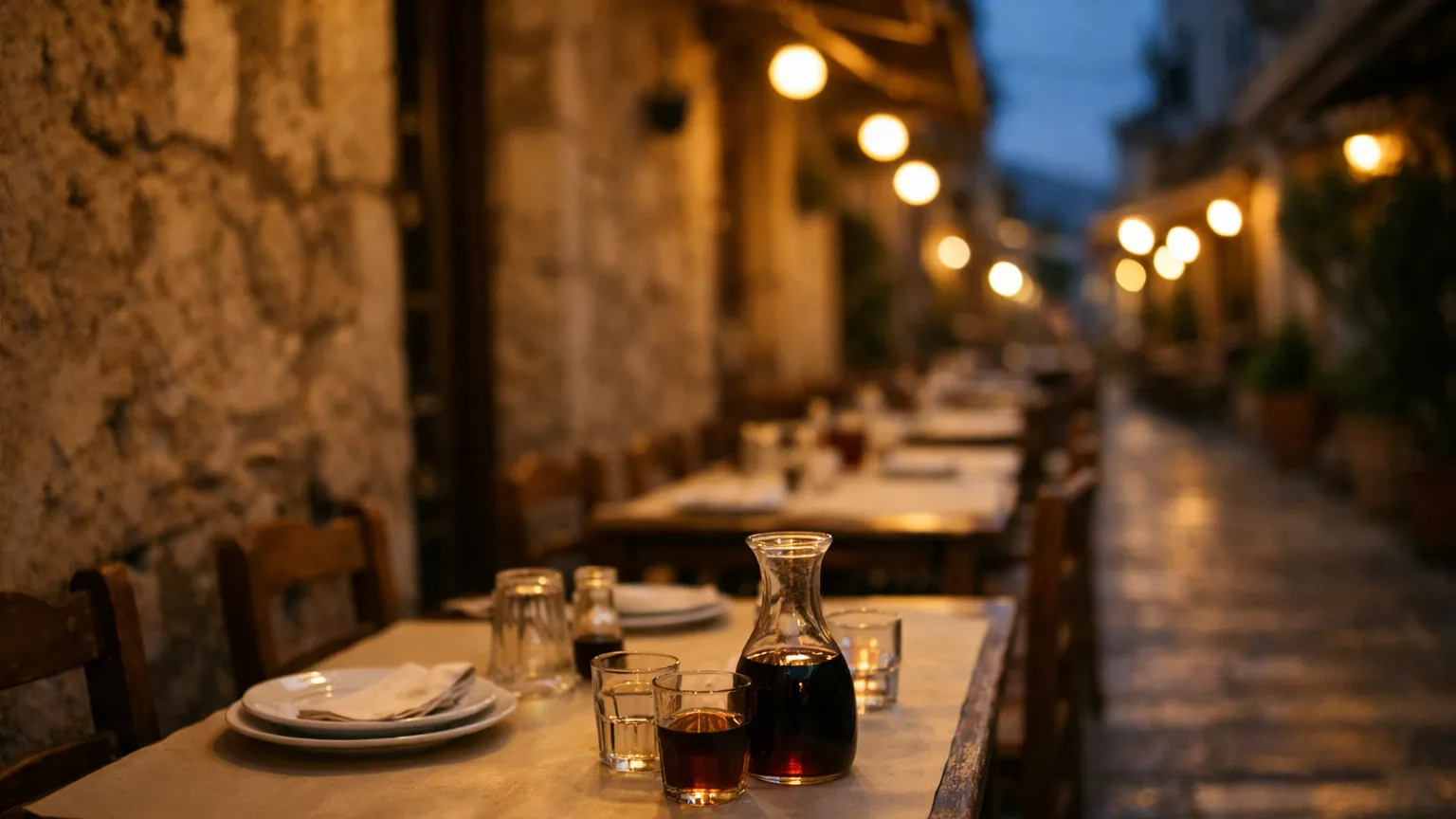 Τραπέζια ταβέρνας στο λιμάνι το σούρουπο